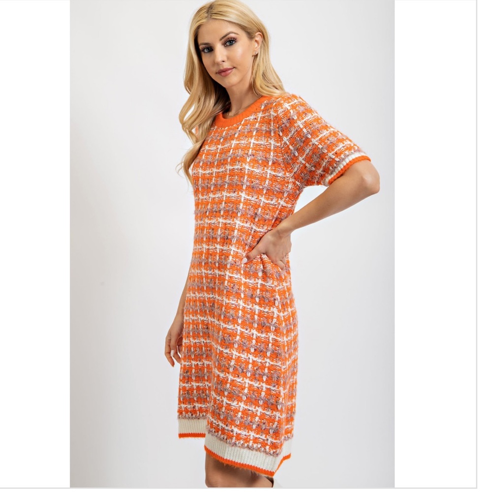 Tweed knitted sweater dress in orange